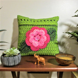 Rosa Flower Grönt Artisan Crochet Skriv ut utomhus Utomhuskudde