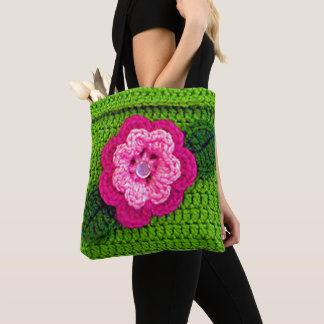 Rosa Flower Grönt Löv Artisan Crochet Print Tygkasse