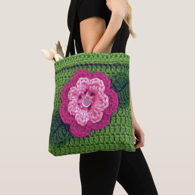 Rosa Flower Grönt Löv Artisan Crochet Skriv ut Tygkasse (Närbild)