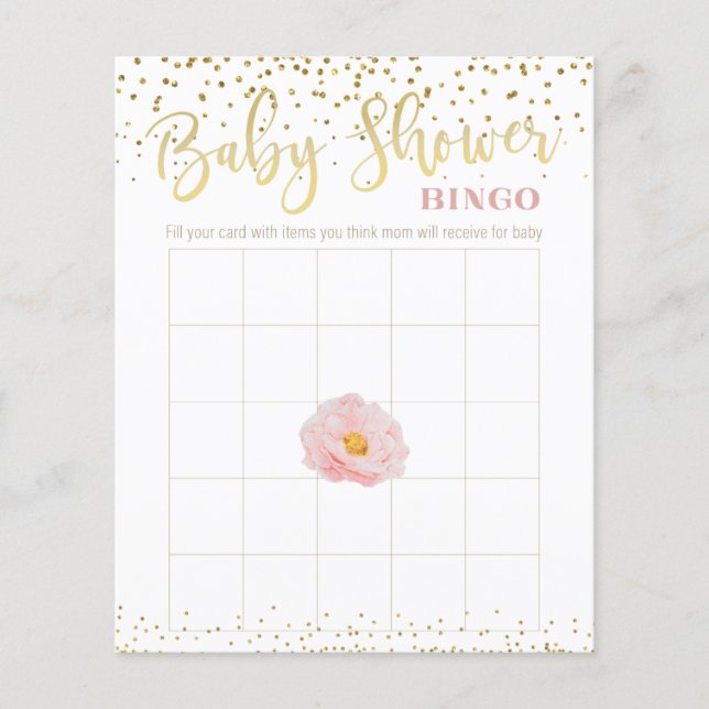 Rosa Flower Guld accent Baby Shower Bingo Game (Framsida)