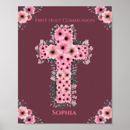 Rosa Flower Kor Chic First Heliga Communion Girl Poster