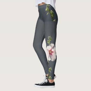 Rosa Flower Mallow grönt löv på mörk grått Leggings