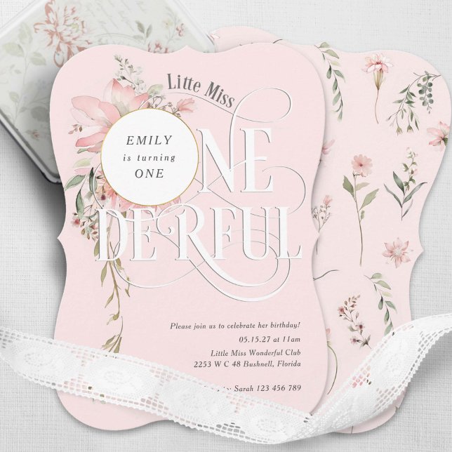 Rosa Flower Miss Onederland Girl 1st födelsefödels (Pink, Girl 1st birthday, LIttle Miss Onederland, Watercolor Wildflower Themed invite.)