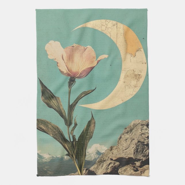 Rosa Flower och Crescent Måne Kökshandduk (Vertikal)
