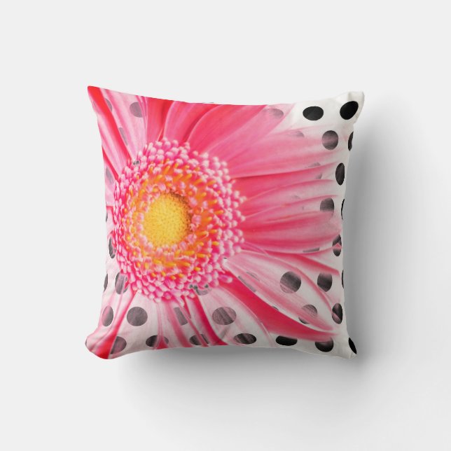 Rosa Flower och Polka Dot Dekorativ kudde (Framsida)