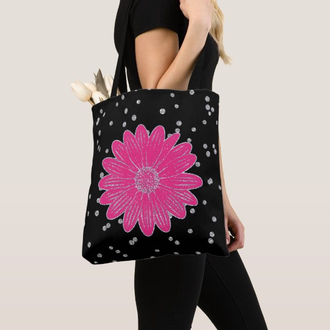 Rosa Flower och Silver Glitter Tote Bag Tygkasse (Närbild)