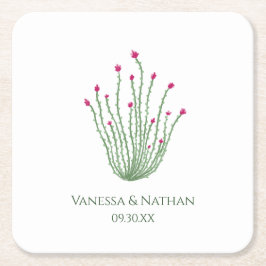 Rosa Flower Ocotillo Cactus Bröllop Cocktail Hour Underlägg Papper Kvadrat