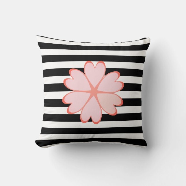 Rosa Flower on Black and White Stripe Kudde (Framsida)