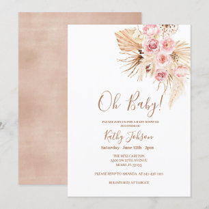 Rosa Flower Pampas Grass Boho Chic Baby Shower Inbjudningar
