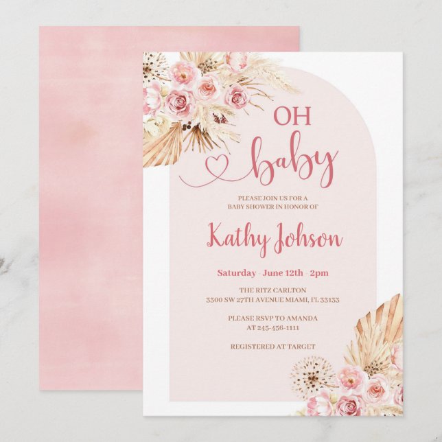 Rosa Flower Pampas Grass Boho Oh Baby Shower Inbjudningar (Fram/baksida)