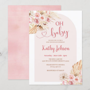 Rosa Flower Pampas Grass Boho Oh Baby Shower Inbjudningar