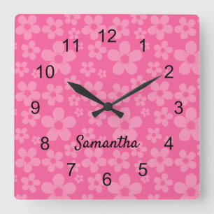 Rosa Flower Patternated Wall Clock Fyrkantig Klocka