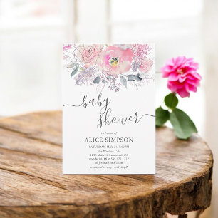 Rosa Flower Script Girl Baby Shower Inbjudningar