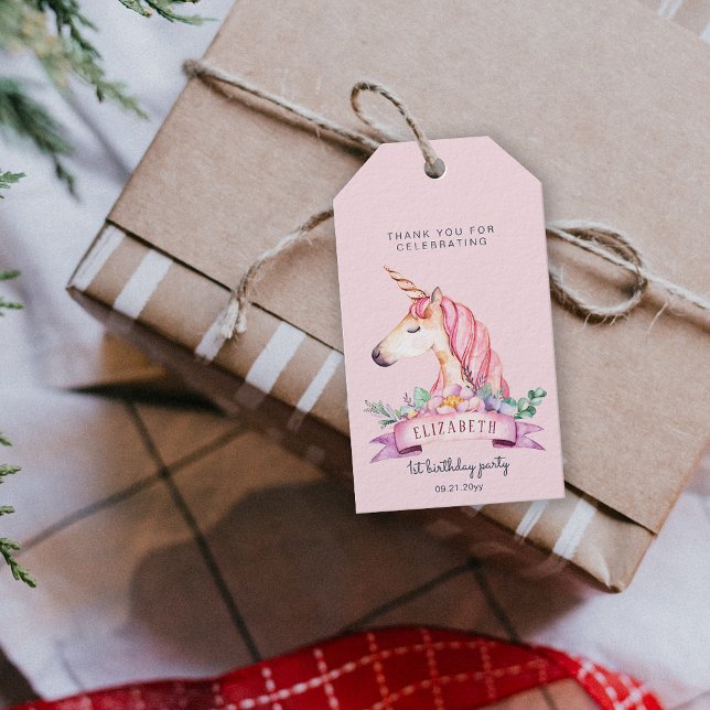 Rosa Flower Unicorn Girl Birthday Gift Presentetikett (Pink Flower Unicorn Girl Birthday Gift Gift Tags)