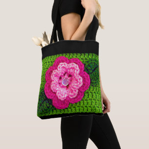 Rosa Flower Vår Grönt Artisan Crochet Skriv ut Tygkasse