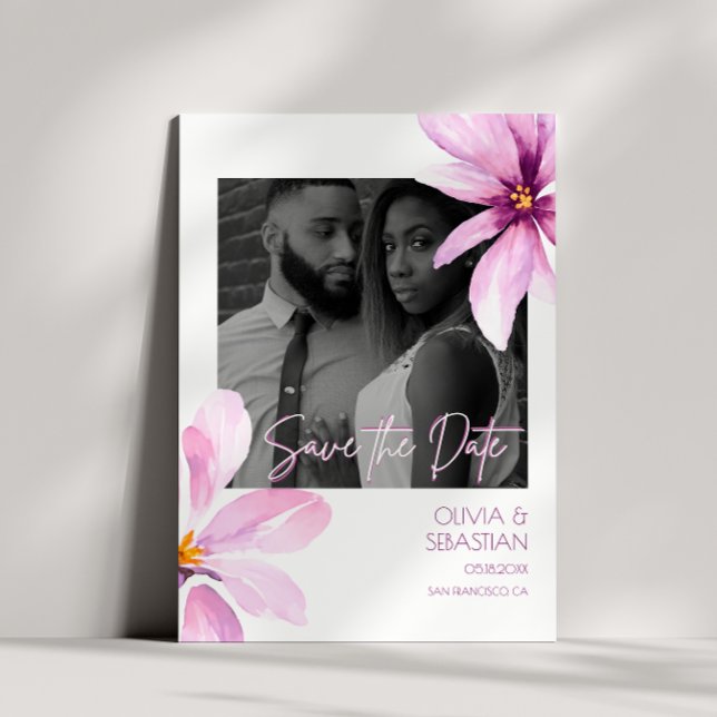 Rosa Flower Watercolor Black white Photo Bröllop Spara Datumet (Skapare uppladdad)