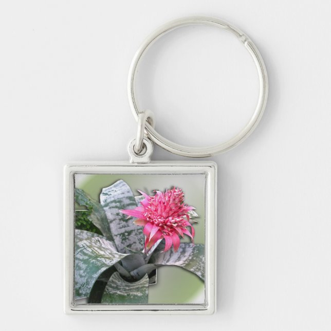 Rosa Flowered Bromeliad Fyrkantig Silverfärgad Nyckelring (Framsidan)