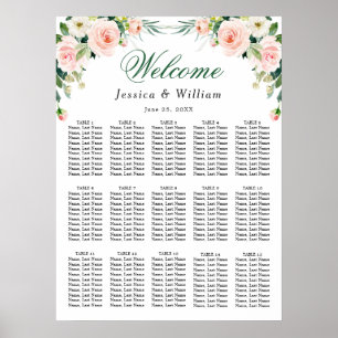 Rosa Flowers 15 Bord Bröllop, SEATING CHART Poster