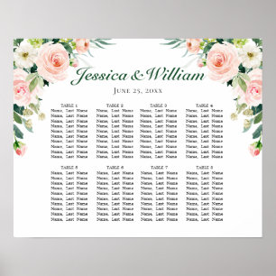 Rosa Flowers 8 Bord Bröllop SEATING CHART Poster