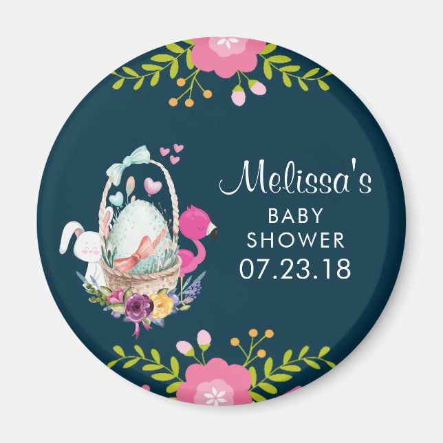 Rosa Flowers, Ägg, Flamingo och Bunny Baby Shower Magnet (Framsidan)
