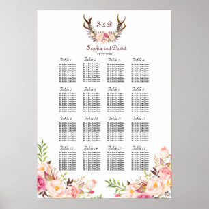 Rosa  Flowers Antlers Bröllop Sittdiagram Poster