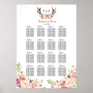 Rosa Flowers Antlers Bröllop Sittdiagram Poster