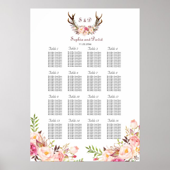 Rosa  Flowers Antlers Bröllop Sittdiagram Poster (Framsidan)
