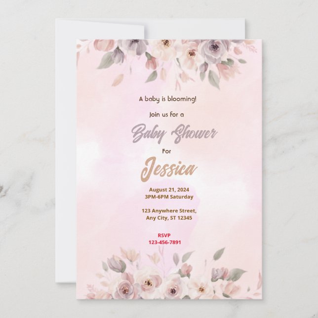 Rosa Flowers Baby Shower Inbjudningar (Framsida)