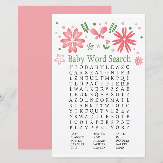 Rosa Flowers Baby Shower Ord Search-spel (Fram/baksida)