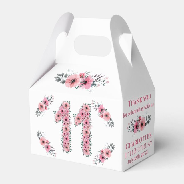 Rosa Flowers Big 11th Birthday Girl Grönt Foliage Presentaskar (Framsidan Sidan)