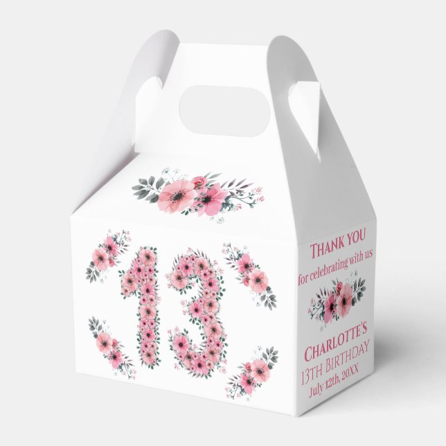 Rosa Flowers Big 13th Birthday Girl Grönt Foliage Presentaskar (Framsidan Sidan)