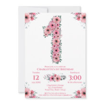 Rosa Flowers Big 1st Birthday Girl Grönt Foliage