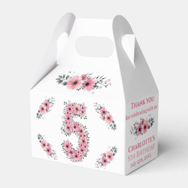 Rosa Flowers Big 5th Birthday Girl Grönt Foliage Presentaskar (Framsidan Sidan)