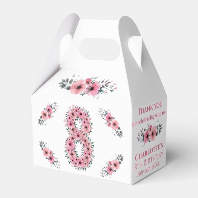 Rosa Flowers Big 8th Birthday Girl Grönt Foliage Presentaskar (Framsidan Sidan)