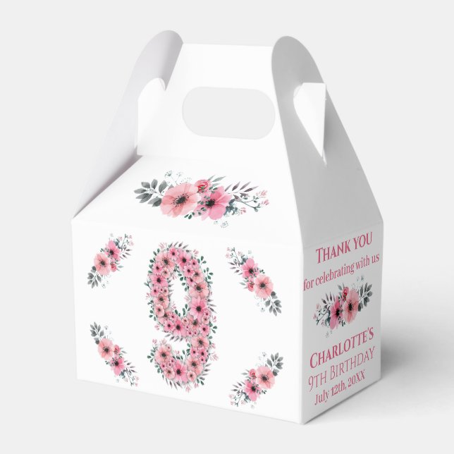 Rosa Flowers Big 9th Birthday Girl Grönt Foliage Presentaskar (Framsidan Sidan)