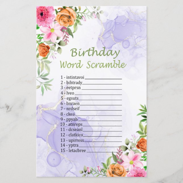 Rosa Flowers Birthday Ord Scramble Game (Framsida)