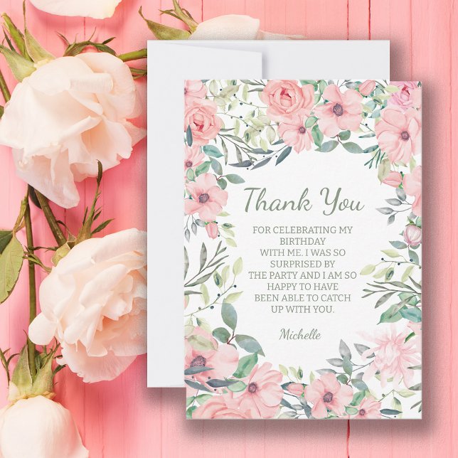  Rosa Flowers Birthday Tack Kort (Pink floral birthday party "Thank you" card)