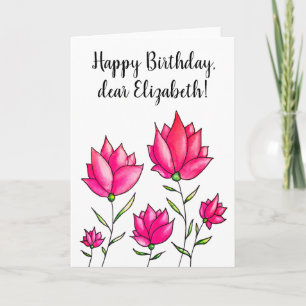 Rosa Flowers Bläck Watercolor Grattis på födelseda Kort