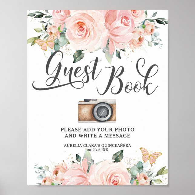 Rosa Flowers Blommigt Birthday Guest Bok Photo Sig Poster (Framsidan)