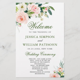 Rosa Flowers Blommigt Bröllop Ceremony Program