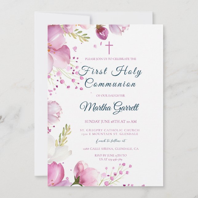 Rosa Flowers Blommigt Dotter First Heliga Communio Inbjudningar (Framsida)