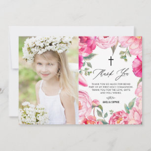 Rosa Flowers Blommigt Ram First Heliga Communion Tack Kort