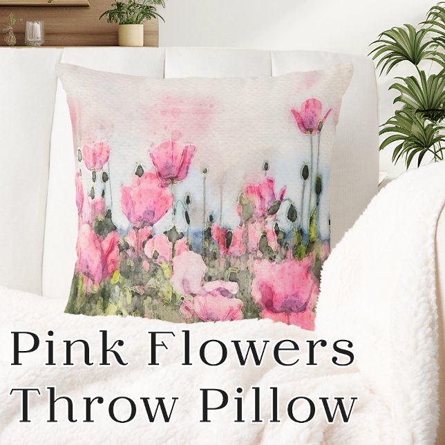 Rosa Flowers Blommigt Vattenfärg Kudde (Pink Flowers Floral Watercolor Throw Pillow)