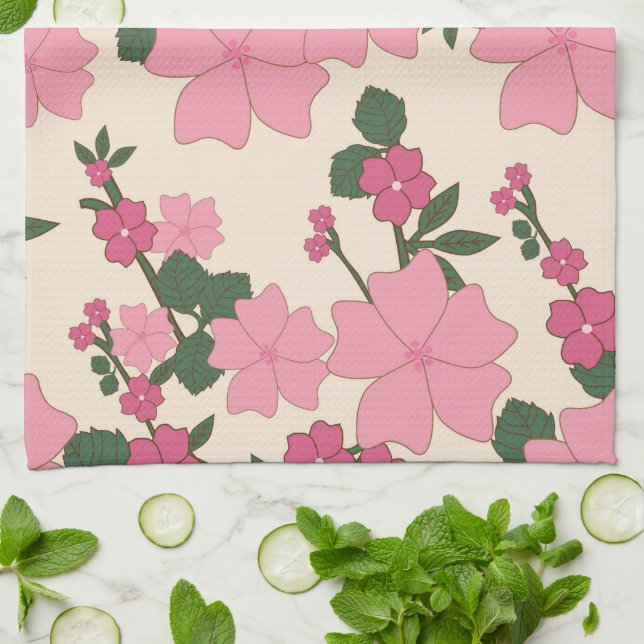 Rosa Flowers, Blommönster, Mönster av blommor Kökshandduk (Vikta)