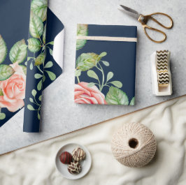 Rosa Flowers Blue Wrapping Papper Presentpapper