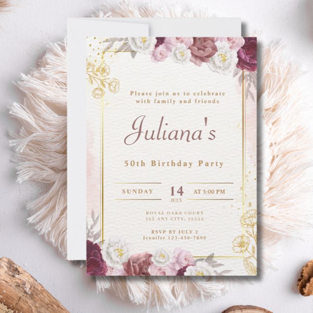 Rosa Flowers Boho Elegant 50:e Födelsedagsfesten Inbjudningar (Skapare uppladdad)