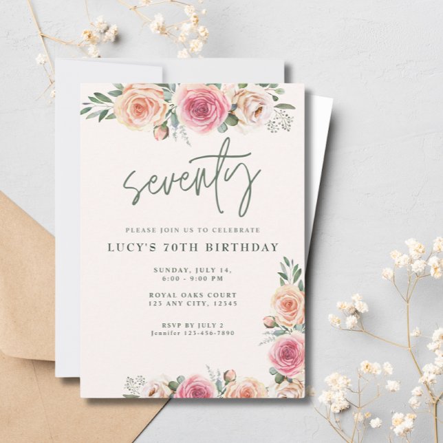 Rosa Flowers Boho Elegant 70:e Födelsedagsfesten Inbjudningar (Skapare uppladdad)