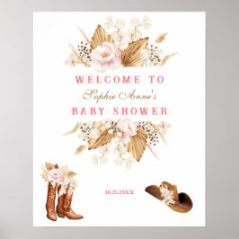 Rosa Flowers Boots Baby Shower Välkomstskylt Poster