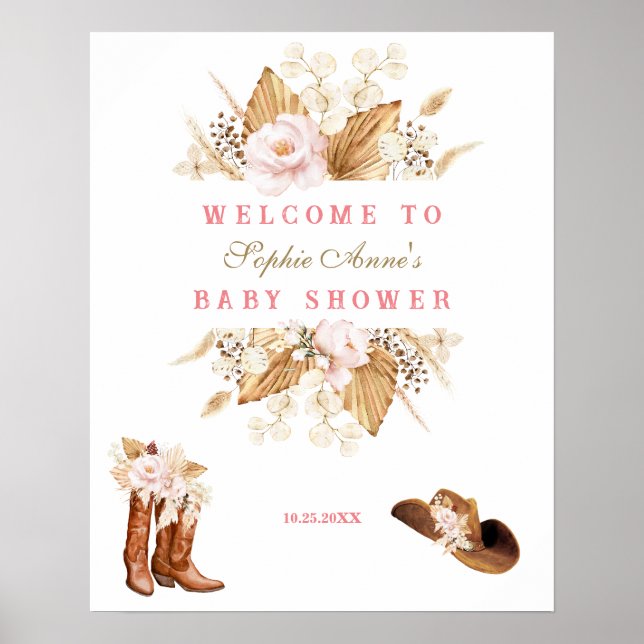 Rosa Flowers Boots Baby Shower Välkomstskylt Poster (Framsidan)