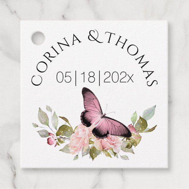 Rosa Flowers & Butterfly Bröllop Gåvor Etiketter (Framsida)